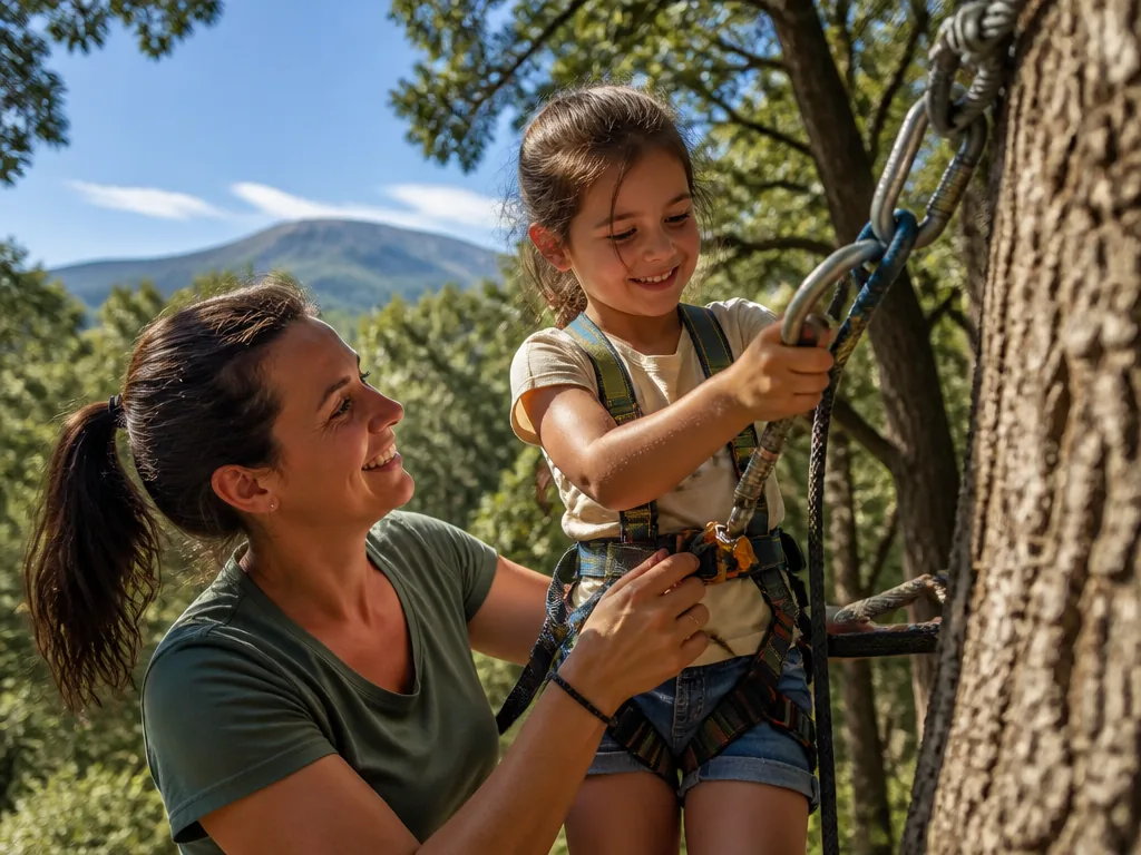 Famille sur un parcours accrobranche dans un parc de loisirs près d’Avignon